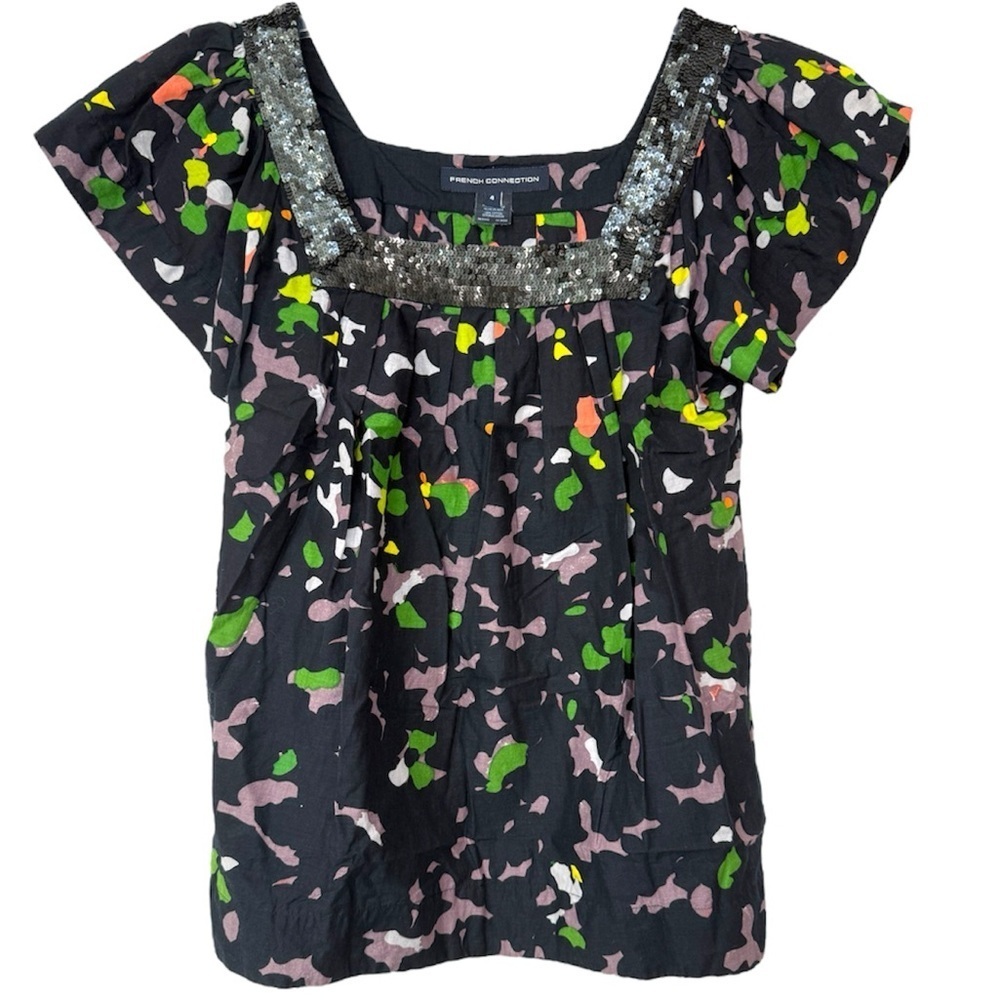 French Connection Top 100% Cotton Sequin Neckline Boho Floral Top Navy Size‎ 4